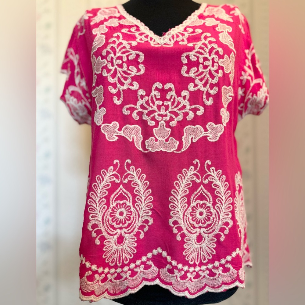 Solitaire Pink and White Embroidered Top